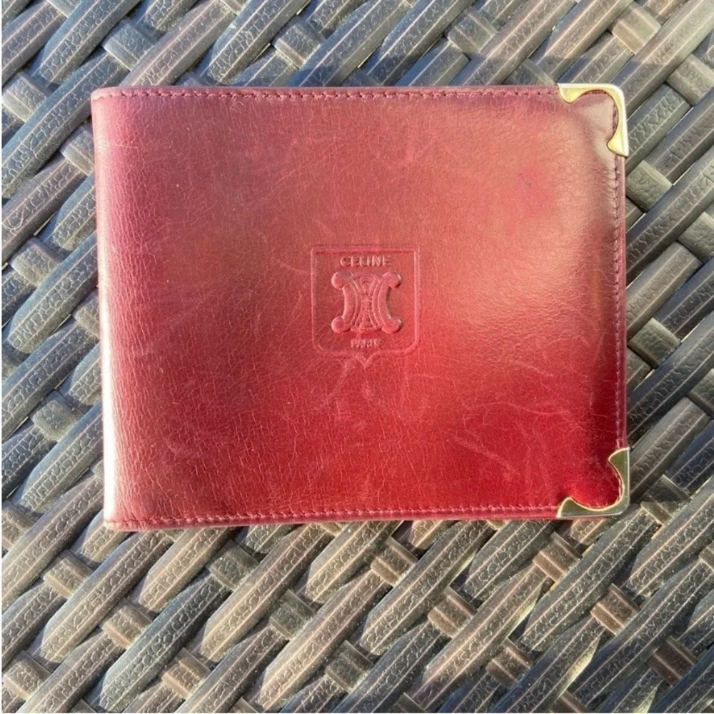 Celine Burgundy Vintage Leather Bifold Wallet with Gold Accents
